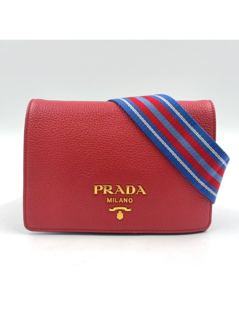 Prada Vitello Daino Leather Blue Red Shoulder Bag Gold